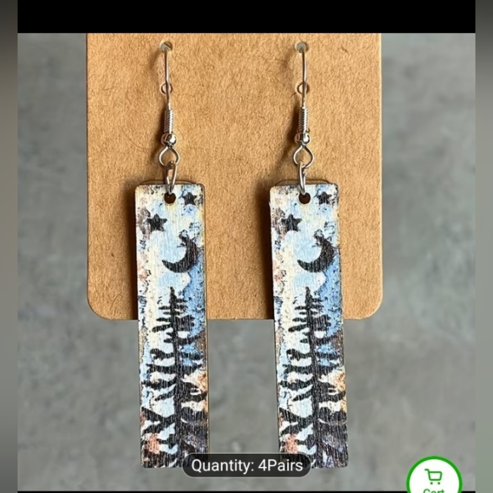 Earrings Western Wooden Pine Tree Moon Women's Dangle New f59